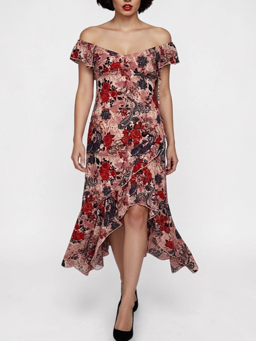 Stevie by Steve Madden Medium Burgundy Floral Layered Ruffle Midi Dress NWT